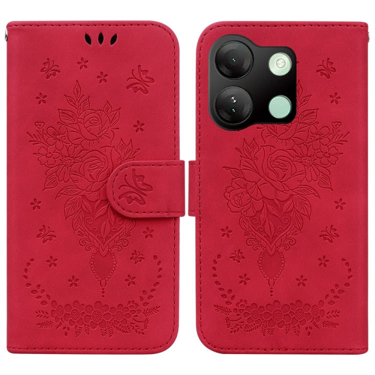 For Tecno Pova 5 Pro Butterfly Rose Embossed Leather Phone Case in red, showcasing its elegant design and premium quality.